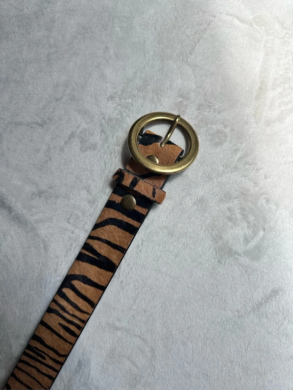 Tiger-Print Women’s Belt with Antique Gold Oval Buckle